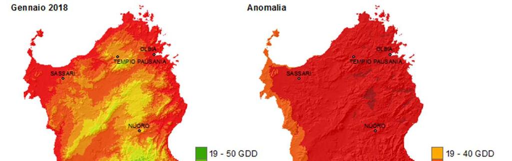 Sommatorie termiche Il mese di gennaio è stato più caldo della media sia nei valori in base 0 C che in quelli in base 10 C (Figure 10 e 11).