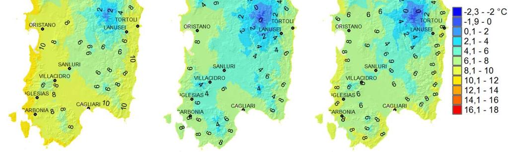 5 C sul centro-sud e superiori a +2.5 C sul Nord dell Isola. Le temperature massine di gennaio vanno dagli 8 C delle cime del Gennargentu sino ai 16 C del Campidano e di tutte le coste (Figura 2).