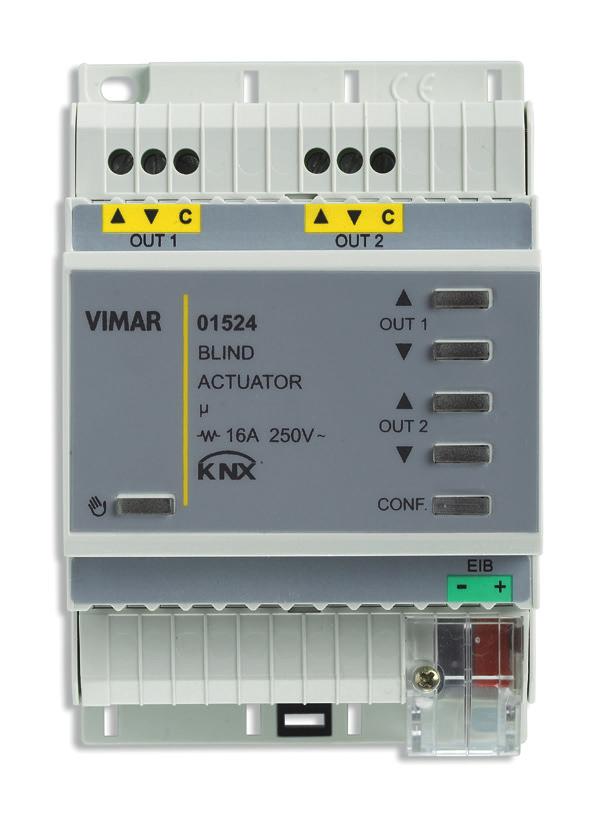 Caratteristiche generali e funzionalità Attuatore per 2 tapparelle con uscite a relè per motore cos Φ 0,6 3,5 A 250 V~, standard KNX, installazione su guida DIN (60715 TH35), occupa 4 moduli da 17,5