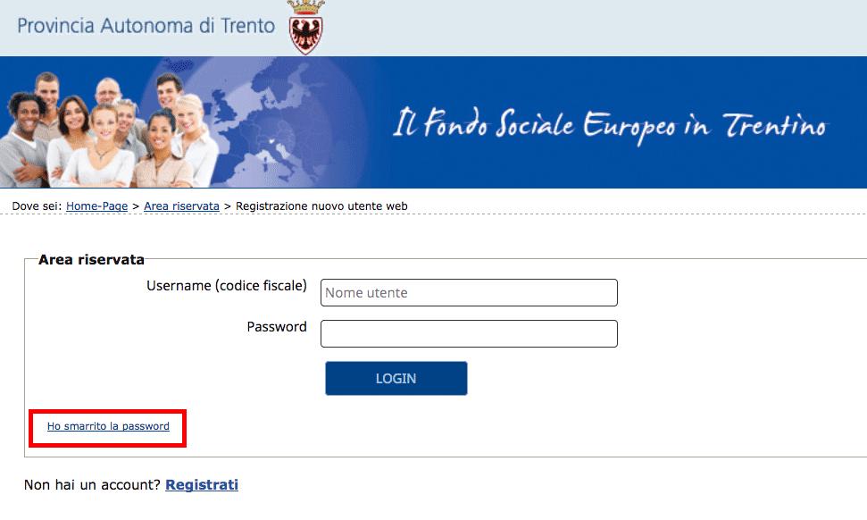 Cliccando il link Ho smarrito la Password si aprirà la schermata nella quale inserire nome e cognome e il