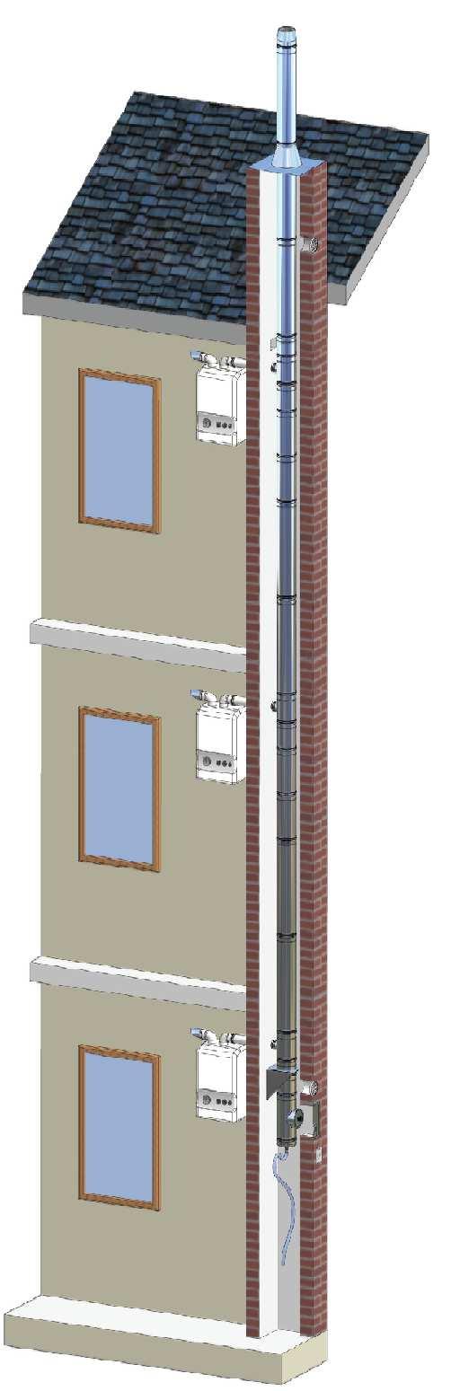 Tecnocam mono collettiva per apparecchi di tipo C a tiraggio forzato Negli edifici multipiano possono essere utilizzate canne fumarie collettive realizzate e dimensionate per funzionare in pressione