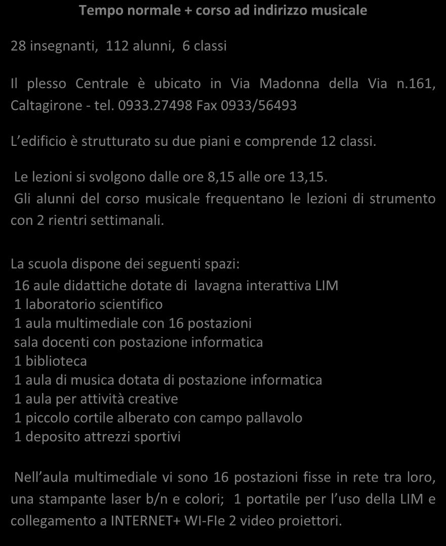 La scuola dispone dei seguenti spazi: 16 aule didattiche dotate di lavagna interattiva LIM 1 laboratorio scientifico 1 aula multimediale con 16 postazioni