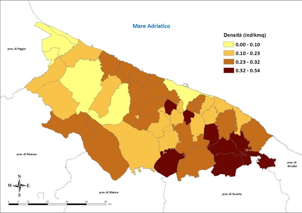(DS = 0,12), con un minimo di 0,05 ind./km 2 per il comune di Ruvo di Puglia nel 2011 a un massimo di 0,57 ind./km 2 per il comune di Binetto nel 2012 (fig. 7.24, fig. 7.25).