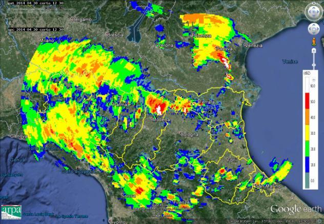 00 UTC (in basso a destra) Precipitazione a carattere prevalentemente convettivo si osserva in Emilia-Romagna già nelle prime ore del giorno 30 aprile, con nuclei di precipitazione sparsi in tutta la