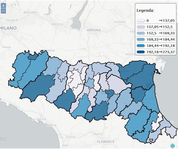I risultati l eterogeneità territoriale % popolazione 0-14 anni nel 2015 Emilia-Romagna : 13,5% min 10,4% Distretto Centro-nord (FE); max 16,5% Distretto di Correggio (RE) Indice di vecchiaia