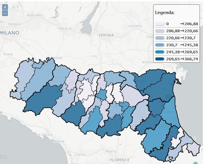 11,9% min 9,8% Distretti Centro-nord e Sud-est (FE); max 13,2% Distretto di Castelfranco (MO) Indice di vecchiaia 2035 % popolazione 65 anni e oltre nel 2035 Emilia-Romagna : 28,5% min 22,8%