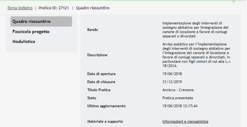 All interno della propria pratica, oltre alla modulistica del bando, è possibile consultare le