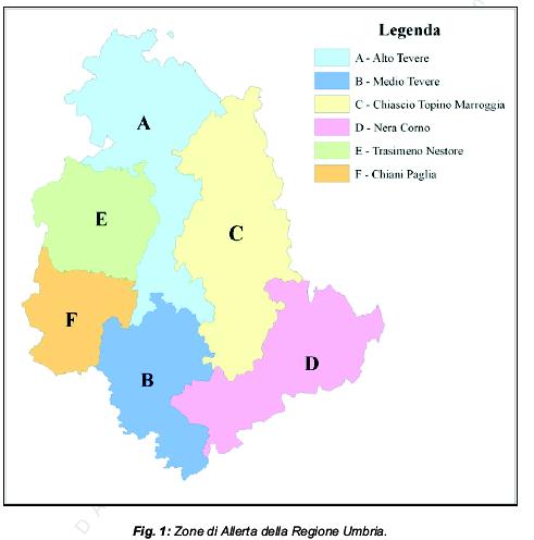 La Regione Umbria, secondo i criteri suggeriti dal Dipartimento Nazionale della Protezione Civile (DPC), ha suddiviso il territorio regionale in 6 zone territoriali omogenee (Zone di Allerta, Fig.