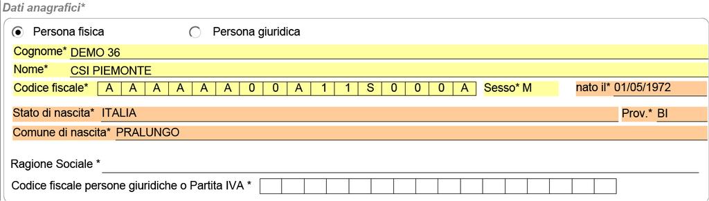 1.2. Dati anagrafici A seconda del ruolo selezionato, il soggetto può essere identificato o come: - Persona fisica - Ragione sociale ed i dati inseriti nella sezione sono tutti obbligatori.