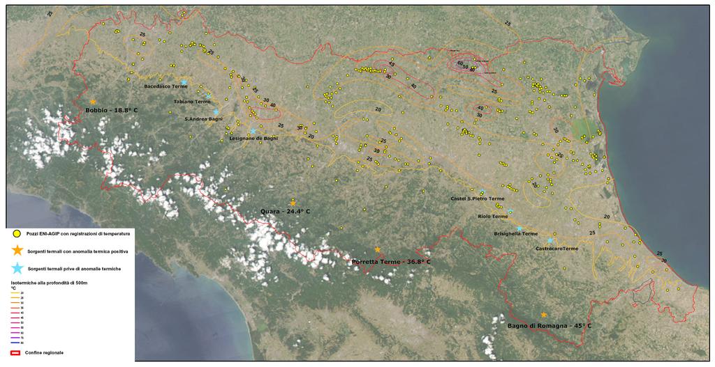 In Emilia-Romagna non sono presenti fonti geotermiche ad alta entalpia (T>150 C). Tuttavia sono presenti sorgenti termali e pozzi in cui sono state misurate anomalie termiche positive.