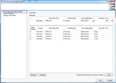 2.1.3.1 Configurare percorso di archiviazione, streaming, il tempo di ritenzione 2.1.3.2 Configurare e pianificare l archiviazione 2.1.3.3 Configurazione template Come mostrato di seguito: 1.