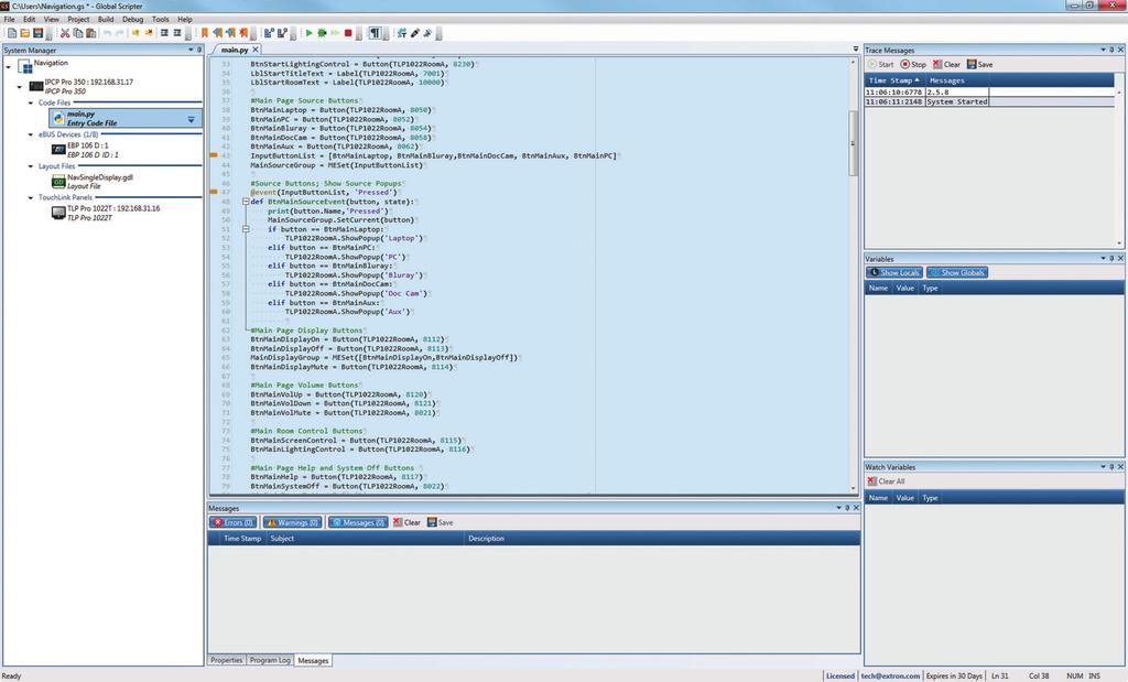 SOFTWARE Global Scripter Ambiente di sviluppo integrato per la programmazione dei sistemi di controllo di Extron Global Scripter è il software di programmazione per sistemi di controllo avanzato e