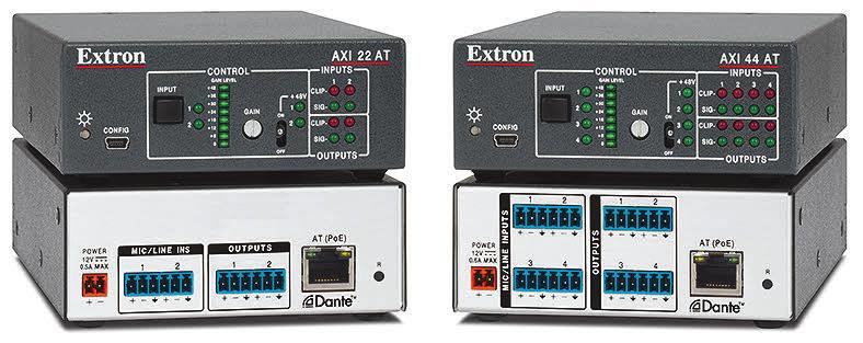 PRODOTTI AUDIO AXI 02 AT Interfaccia audio Dante con due output AXI 02 AT di Extron è un'interfaccia audio dal formato compatto che consente di estrarre due canali da una rete audio compatibile con