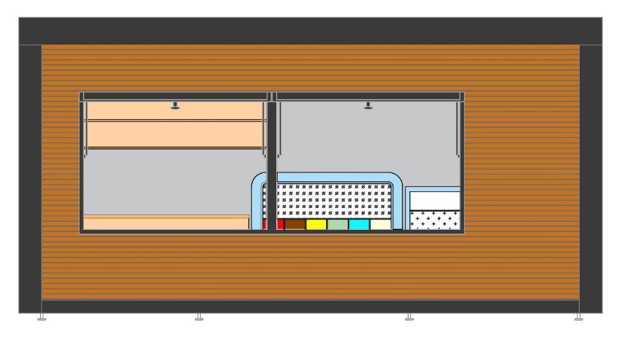 Elenco componenti modulo: 1. Struttura: elemento da 4,6m x 2,50m x h2,50m; COD. MP 5473 2. Finestra a doppia anta a sporgere L 3570mm x H 1165mm; 3.