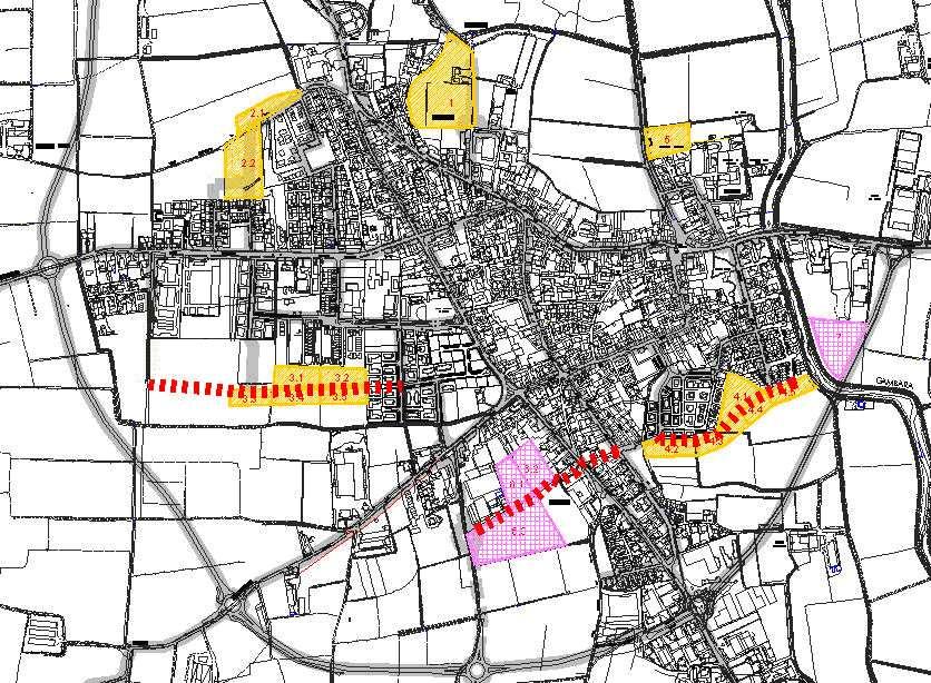 Figura 39 Localizzazione delle aree di trasformazione: in giallo residenziali; in viola produttive; in rosso la nuova viabilità di previsione (schema grafico) La previsione di nuova viabilità è, come