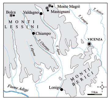 Fig. 1 - Mappa dell area dei Monti Lessini orientali; l asterisco (*) indica la località fossilifera dei materiali studiati / Map of the eastern Lessini Mounths area; the asterisk (*) denotes the