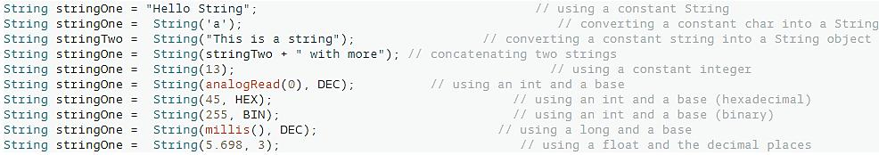 Linguaggio di programmazione Variabili e costanti Le stringhe di caratteri possono essere rappresentate in due modi: usando il tipo String, che fa parte del codice di Arduino a partire dalla versione