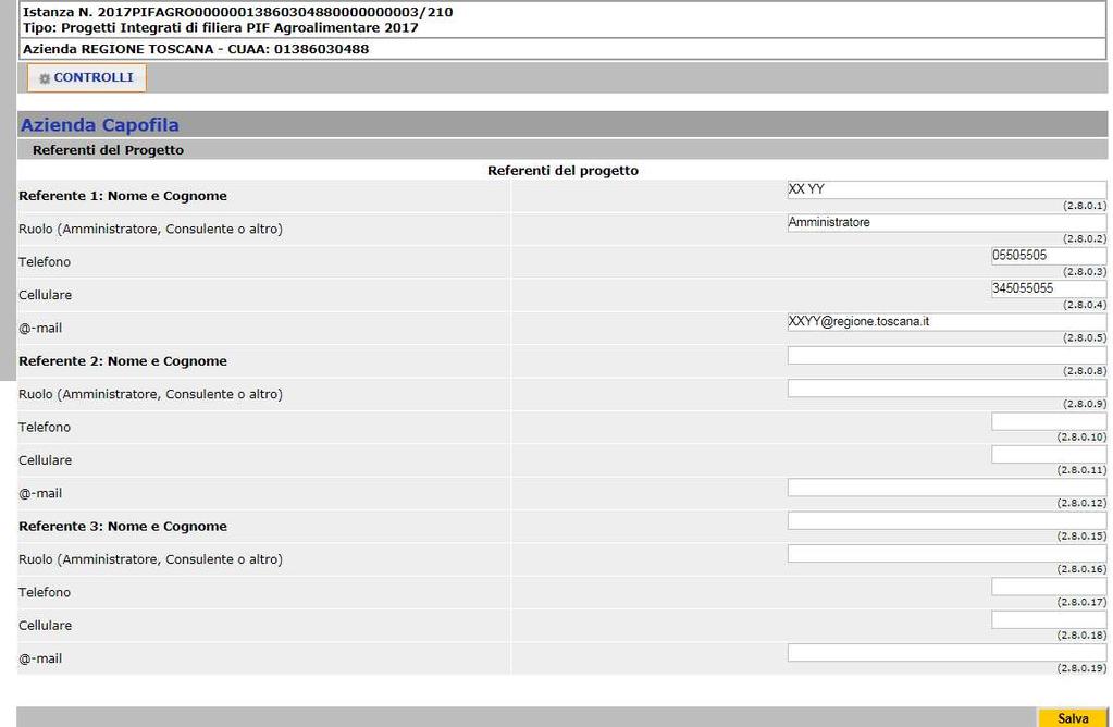 I campi PEC, Telefono 1 e Cellulare devono essere obbligatoriamente compilati.