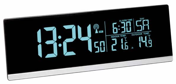 orologio radiocontrollato con data e giorno della settimana, allarme con funzione di ritardo, retroilluminazione, porta USB (1A) per ricarica