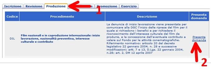 Selezionare la tipologia Produzione (freccia 1) cliccando sulla relativa linguetta, dopodiché cliccare sulla voce Presenta domanda (freccia 2) in corrispondenza del