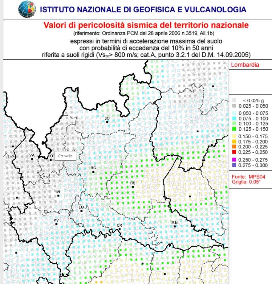I dati riportati nelle mappe di pericolosità sismica dell INGV riportano per l area di studio quanto sintetizzato nelle figure e tabelle seguenti.
