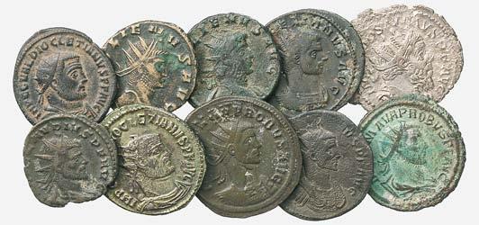 Antoniniano di Postumo assieme a bronzo coloniale di Claudio II - Lotto di due monete qbb BB 40 5432 Antoniniano di Massimiano Ercole, Diocleziano, Aureliano (2), assieme a Domiziano asse /tracce di