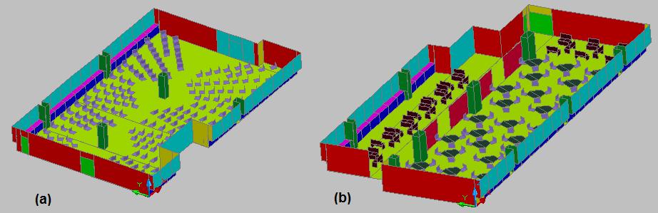 Figura 2 Modelli tridimensionali utilizzati per le simulazioni acustiche. (a) Main Classroom; b) LAB3+CoP3.