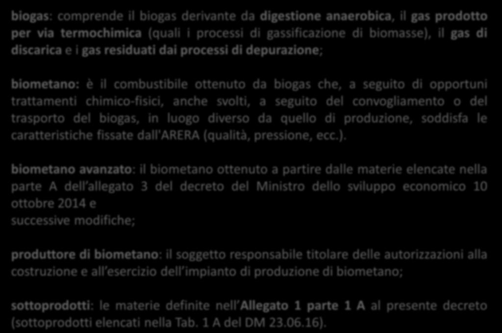 Definizioni biogas: comprende il biogas derivante da digestione anaerobica, il gas prodotto per via termochimica (quali i processi di gassificazione di biomasse), il gas di discarica e i gas