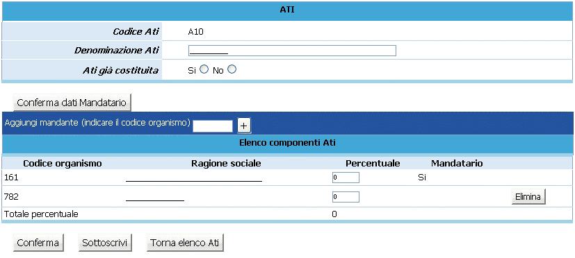 Selezionando per confermare il dato, viene visualizzata la sezione ove sarà possibile: modificare la denominazione dell ATI ; indicare se il Raggruppamento sia già costituito (scegliendo tra Si e No).