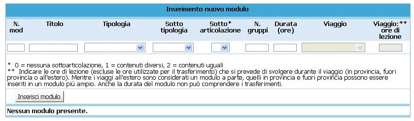 Percorsi, ove previsti; Partecipanti. MODULI Figura 3.17 - Inserimento nuovo modulo N. modulo: indicare un numero identificativo che contraddistingue il modulo.