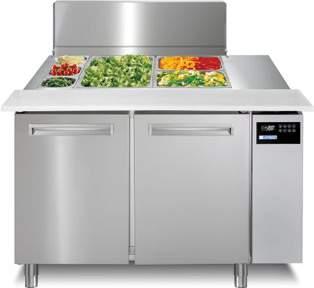 mm in acciaio ino AISI 04, 2 vani GN, con 1 griglia plastificata per porta, con coperchio ino telescopico o S/S AISI 04 ventilated refrigerated saladette counter on feet or castors, mm of depth, 2 GN