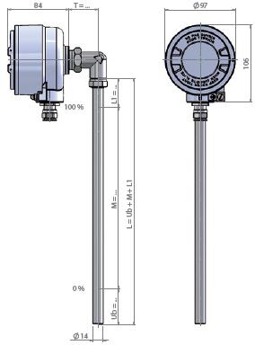 5 Protezione in ingresso IP 65 IP 68 Tubo guida Acciaio inox Acciaio inox Dimensioni (Fluido 200 C) T: 27 mm ; L1: 40 mm ; Ub: 50 mm T: 50 mm ; L1: 40 mm ; Ub: 50 mm Dimensioni (Fluido > 200 C) T: