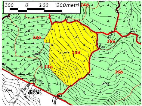 UNITA' DI COMPARTIMENTAZIONE 13d CLASSE COLTURALE: boschi ad evoluzione naturale guidata TIPO: MACCHIA TERMOFILA CON FILLIREA E/O LENTISCO PREVALENTI Località Masseria Finocchio Superfici