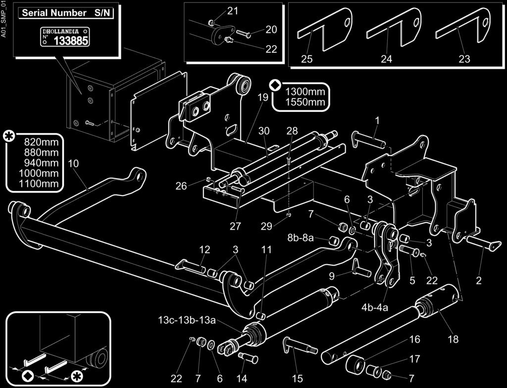 SMP-A-01 Telaio TELAIO 1 Perno ø30x200mm - 50cc SMP M1730.200.A 2 Perno ø30x155 mm - 50cc M1730.155 3 Bronzina ø30x30 mm M1830.30T 4a Tallone sinis. LM5 - arm 30 M0832.