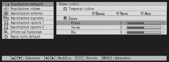 Uso del menu di setup 2. Usare i tasti [ ] e [ ] per selezionare Temperat colore, e quindi premere il tasto [ENTER].