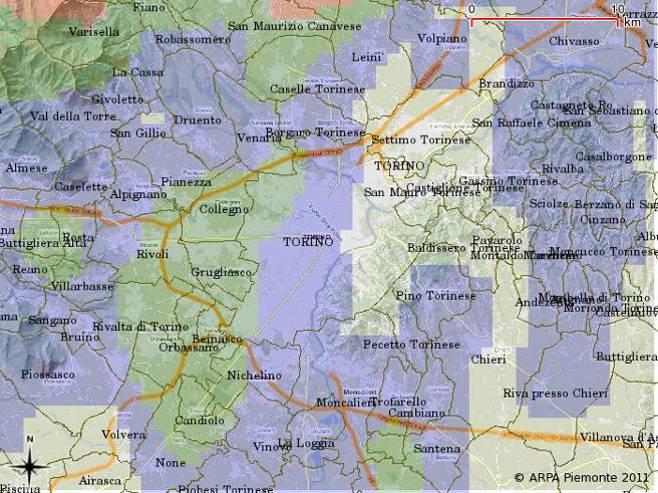 Dettaglio su Torino (destra), con probabilità moderata (verde) nella parte occidentale.