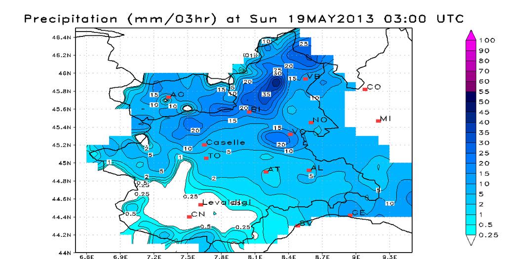 Domenica 19 maggio 2013 Dopo il transito del settore freddo del sistema frontale nella notte tra sabato e domenica (Figura 25) si assiste ad un progressivo miglioramento a partire da Sudovest, con