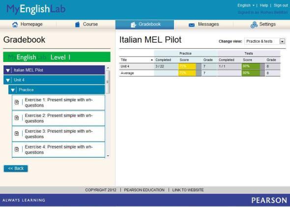 Puoi vedere tutti i tuoi risultati entrando nel Gradebook (sistema di valutazione): clicca qui Il Gradebook mostra i risultati