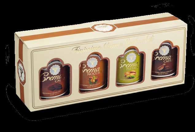 The finest Spreadable Creams are displayed in two original and elegant gift cases: the first contains four 150g jars of Cocoa, Hazelnut, Coffee and Pistachio Cream; the second case contains three