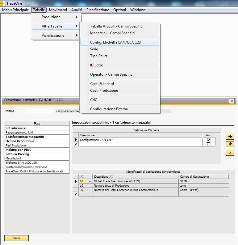 Configurazione Bar Code Definizione della struttura dei bar code ed