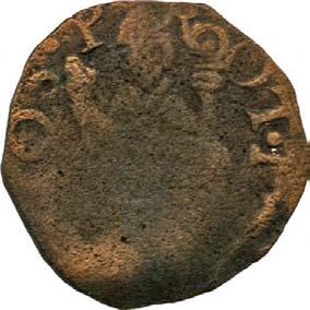 482. Mezzo denaro, 1637-1660 ca. Rame g 0,93 mm 15,39 inv. SS-Col 594643 D/ (dal basso a s.) [.