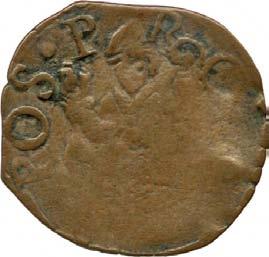 484. Mezzo denaro, 1637-1660 ca. Rame g 0,74 mm 15,42 inv. SS-Col 594641 D/ (dal basso a s.) [...] POS P - R - O [.