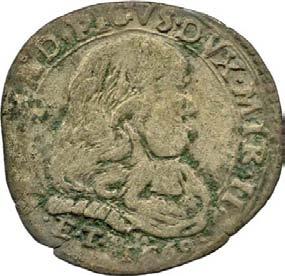 438. Cavallotto, 1669 Mistura g 2,28 mm 23,27 inv. SS-Col 594576 D/ (dal basso a s.) ALEXAD PICVS DVX MIR II Busto drappeggiato e corazzato di Alessandro II Pico a d.