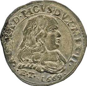 439. Cavallotto, 1669 Mistura g 2,24 mm 23,85 inv. SS-Col 594581 D/ (dal basso a s.) ALEXAD PICVS DVX MIR II Busto drappeggiato e corazzato di Alessandro II Pico a d.