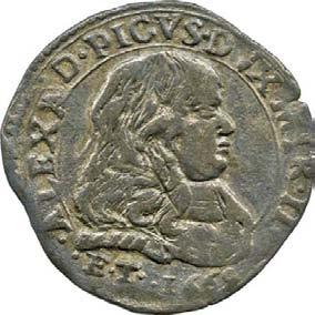 440. Cavallotto, 1669 Mistura g 2,16 mm 23,19 inv. SS-Col 594580 D/ (dal basso a s.) ALEXAD PICVS DVX MIR II Busto drappeggiato e corazzato di Alessandro II Pico a d.