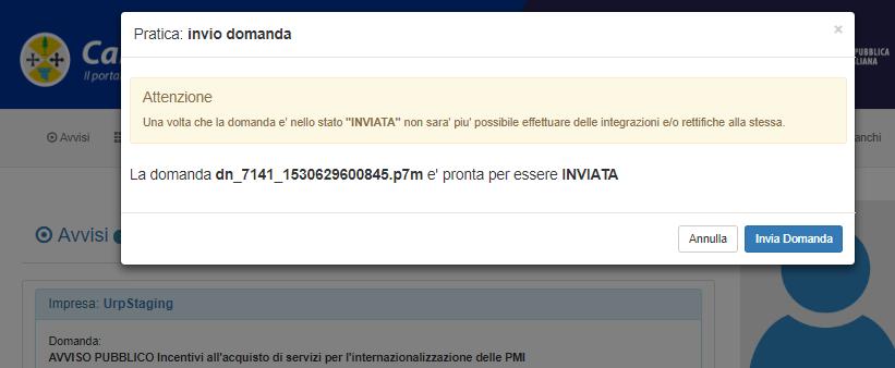 Si aprirà una finestra di dialogo per come indicato di seguito: l invio della domanda potrà avvenire solo ed esclusivamente selezionando il pulsante Invia Domanda.