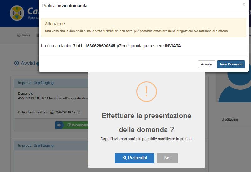 Step 2 - Protocollazione della domanda Al termine dell invio della domanda, per completare l operazione di trasmissione verso la Regione Calabria, l utente dovrà esplicitamente