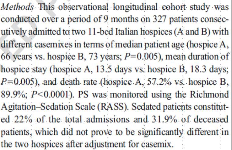 Prospective observational Italian study on palliative sedation in two hospice settings: differences