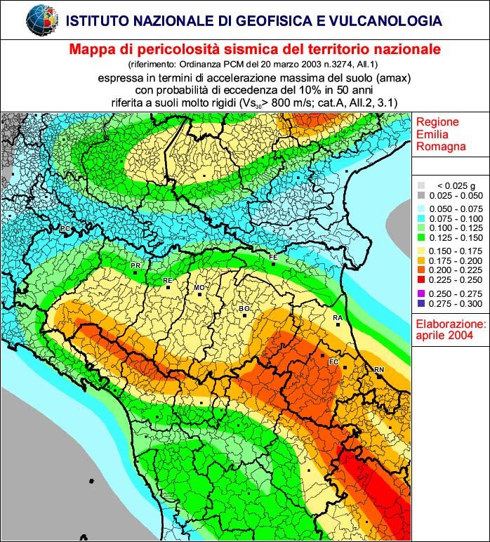 Nazionale riportata nella Fig. 6.1.4.2, buona parte dei comuni della Provincia di Bologna sarebbero compresi in zona 2. Fig. 6.1.4.2 Mappa di pericolosità sismica del territorio nazionale - Fonte: I.