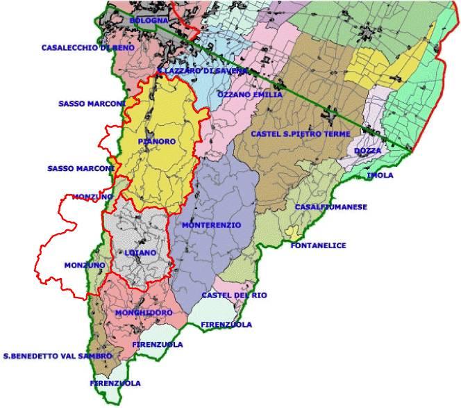 258 km 2 ), mentre la maggior parte fa capo al Consorzio di Bonifica Renana (superficie territoriale complessiva 17.193 km 2 ). COMUNE BONIFICA RENO-PALATA BONIFICA RENANA LOIANO / 5.239 ha MONZUNO 4.